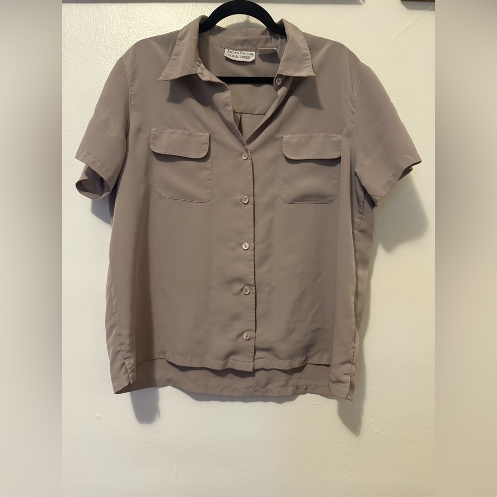 Taupe colored button down blouse